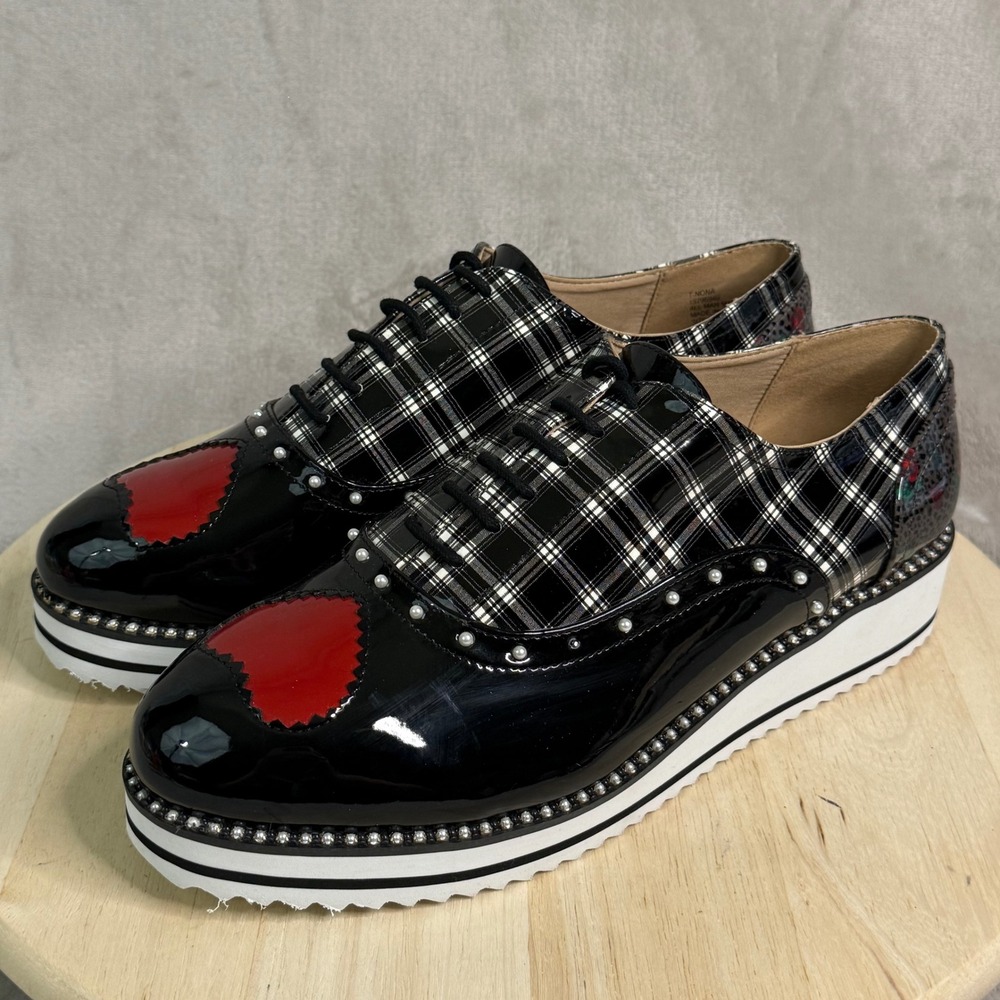 Betsey Johnson T-Nona Heart Plaid Patent Leather Platform Oxfords Black Red 10M - Picture 9 of 16